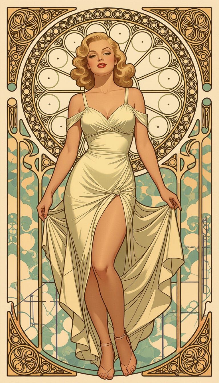 1950s Pin-Up in Art Nouveau Style with Glitch Effects