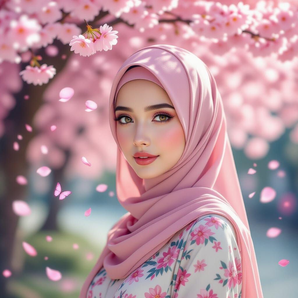 Asuan Woman in Pink Hijab Under Cherry Blossoms