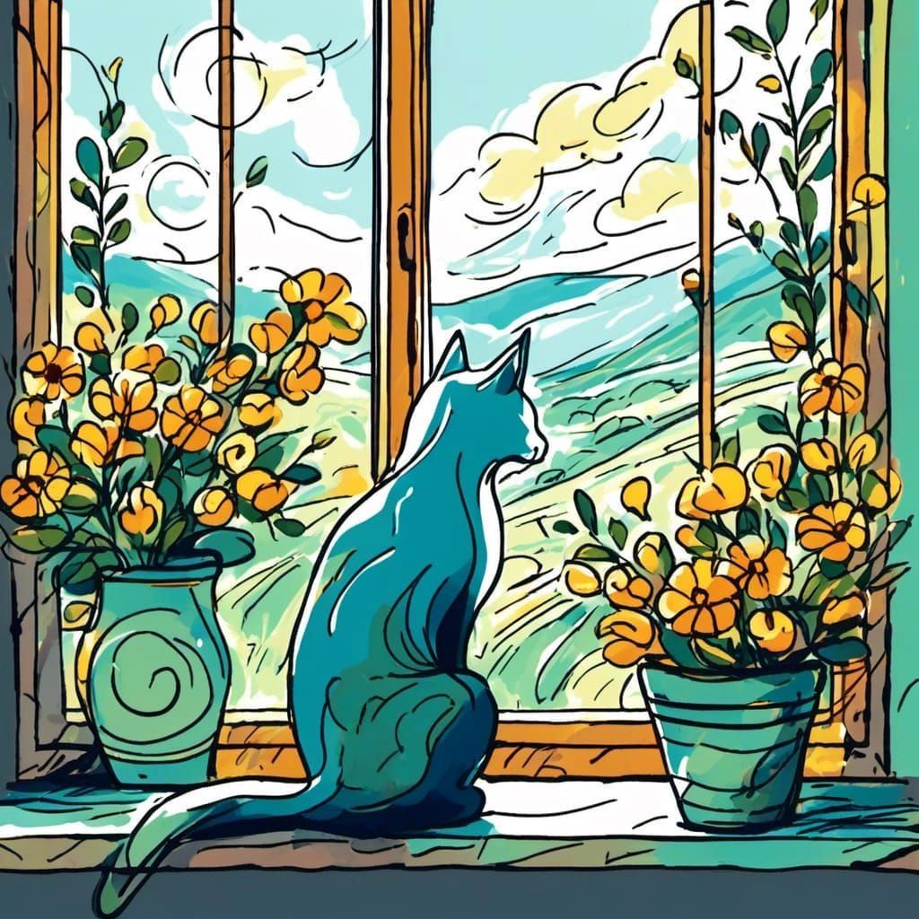 Stick Figure Cat Gazing at Mountains