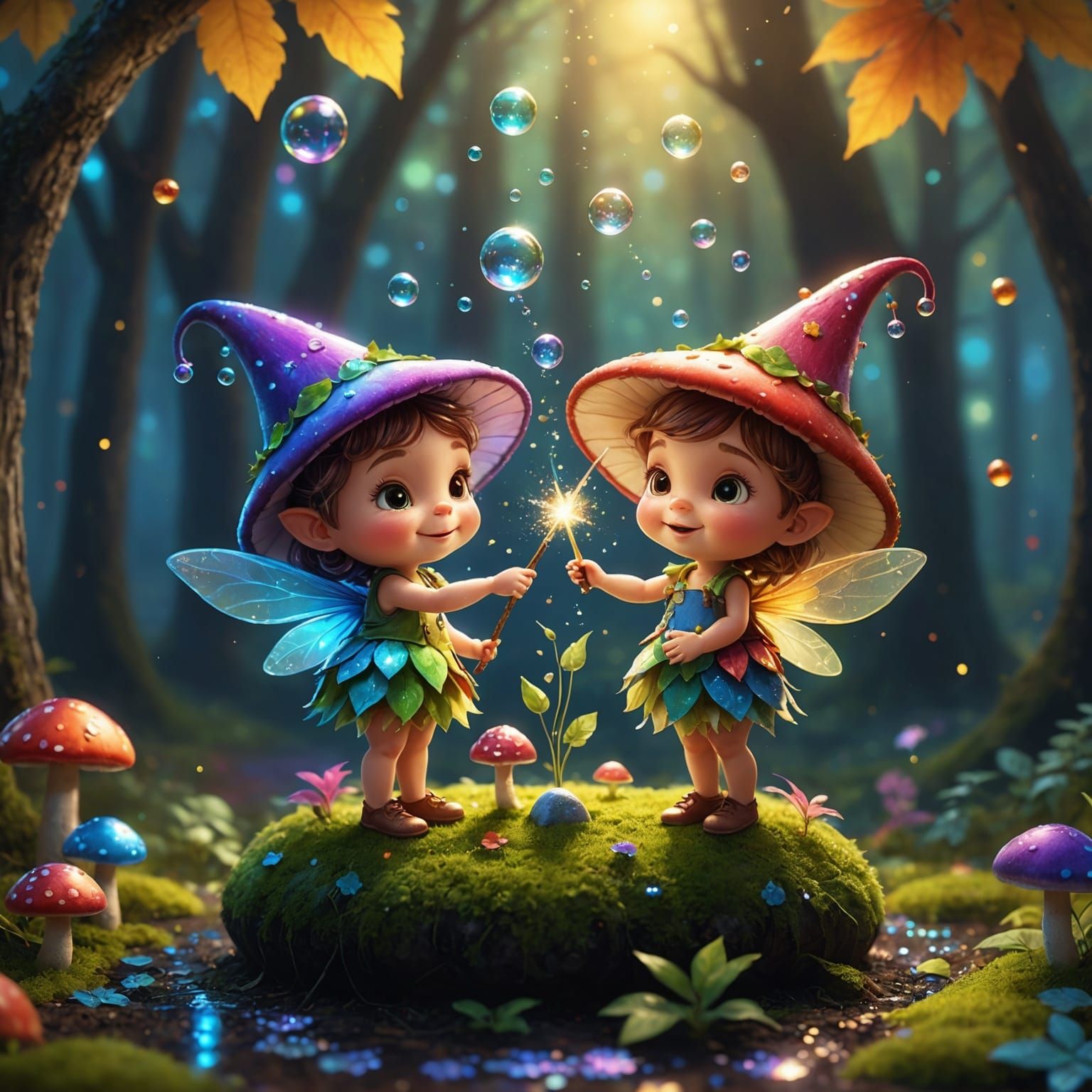 Baby Fairies Playing Under Magic Toadstool
