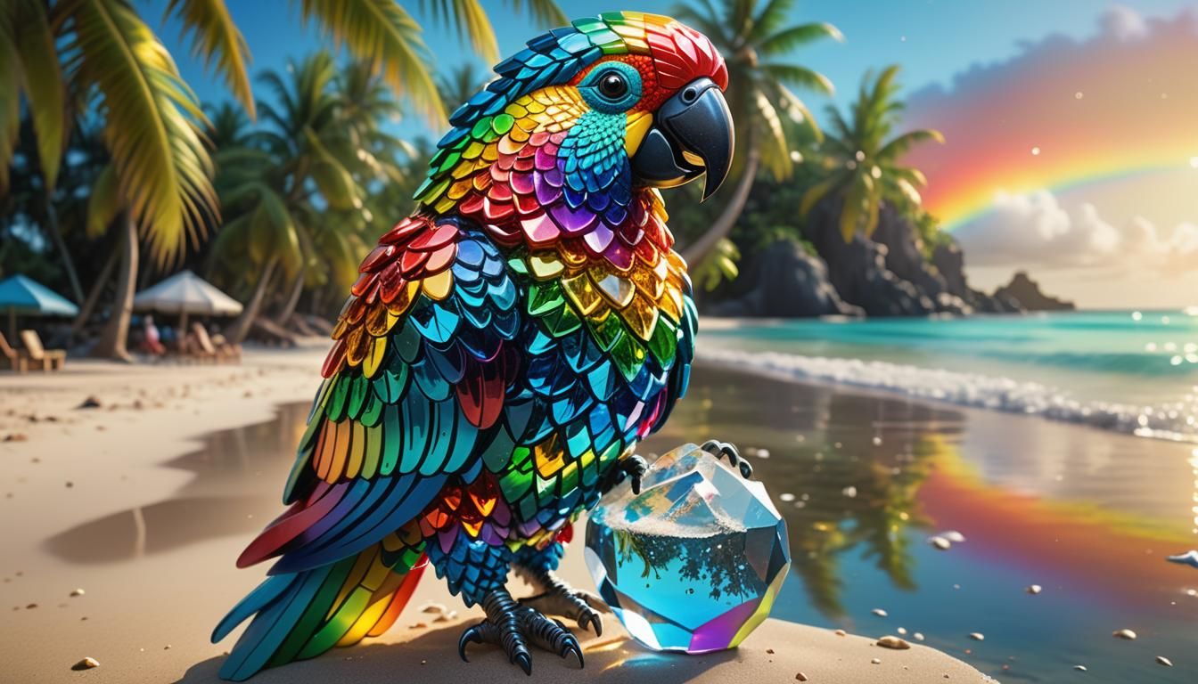 Crystal Parrot on Tropical Beach in Hyperrealism