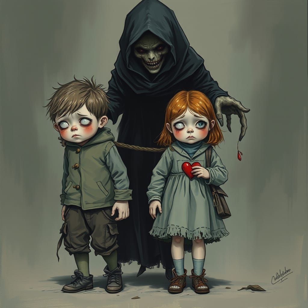 Children Pulled by Shadowy Figure in Dark Fantasy Style
