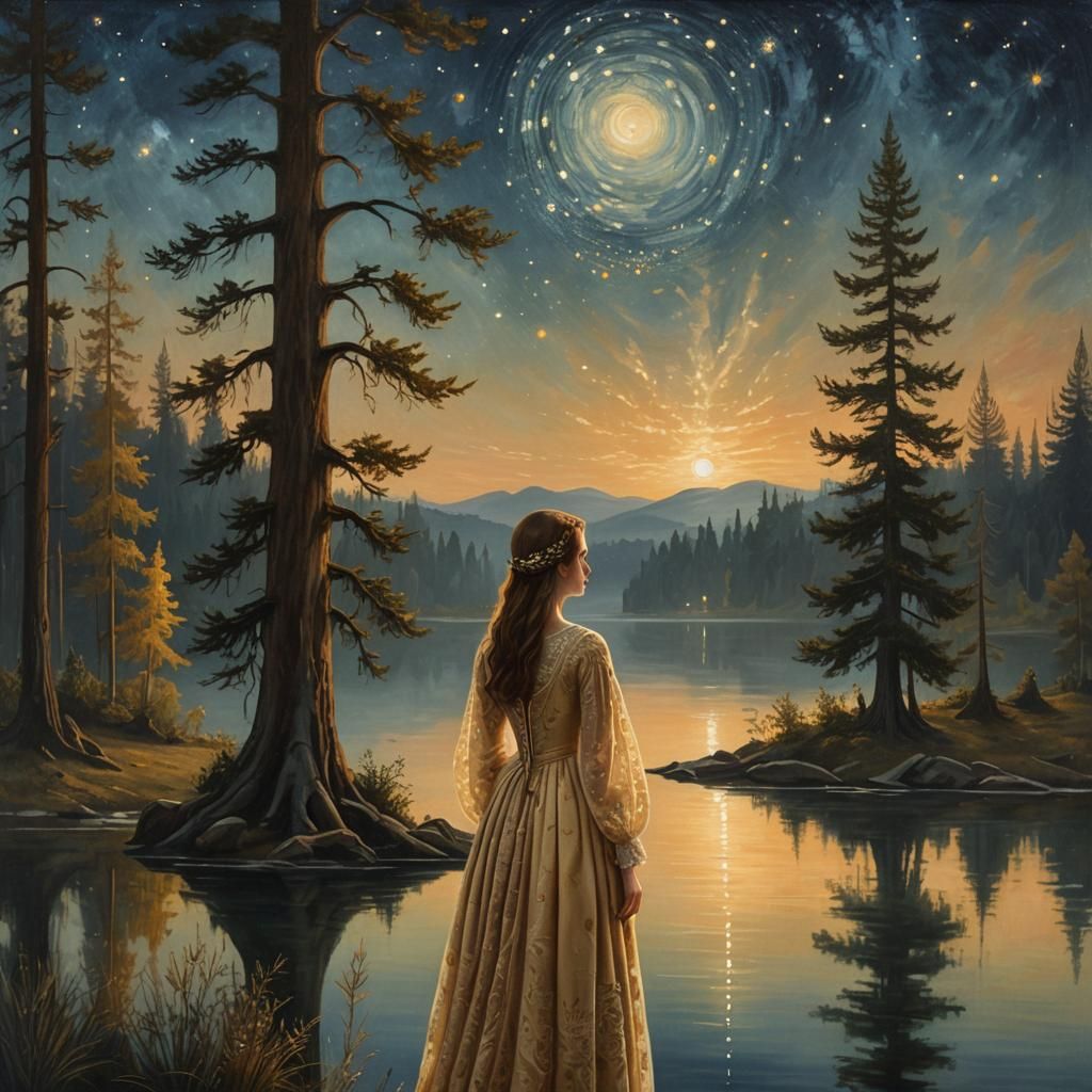 Renaissance Woman at Starry Lake, Oil Painting