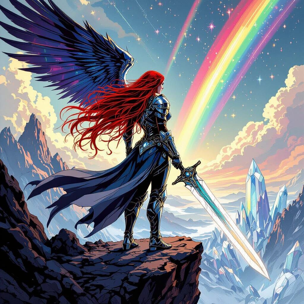 Valkyrie Over Crystal Landscape in Graphic Novel Style