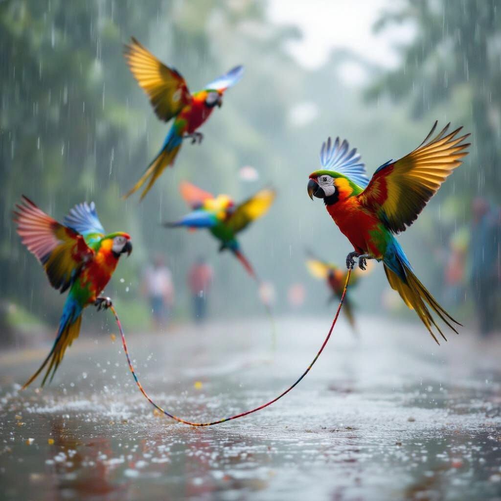 Parrots Flying Around Person Jumping Rope in Rain
