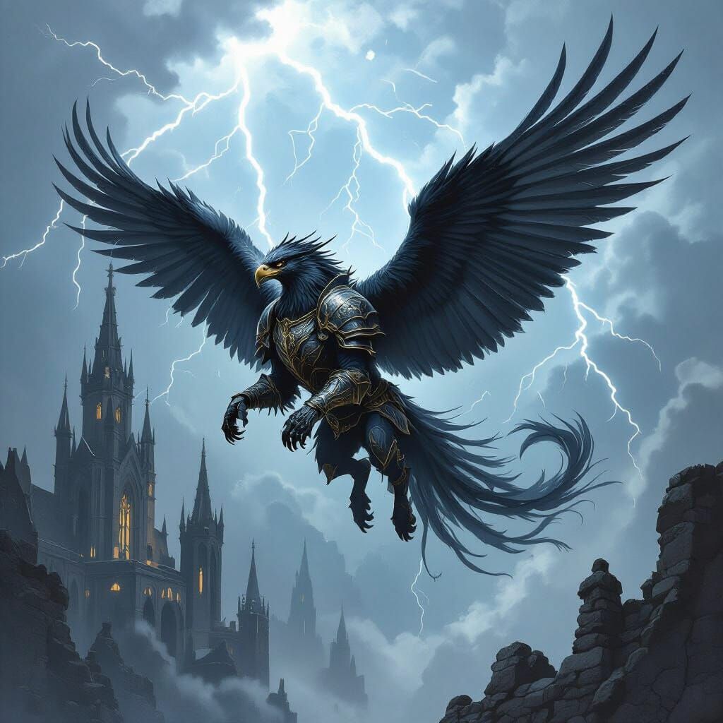Armored Griffin Soaring Above Gothic Castle in Storm