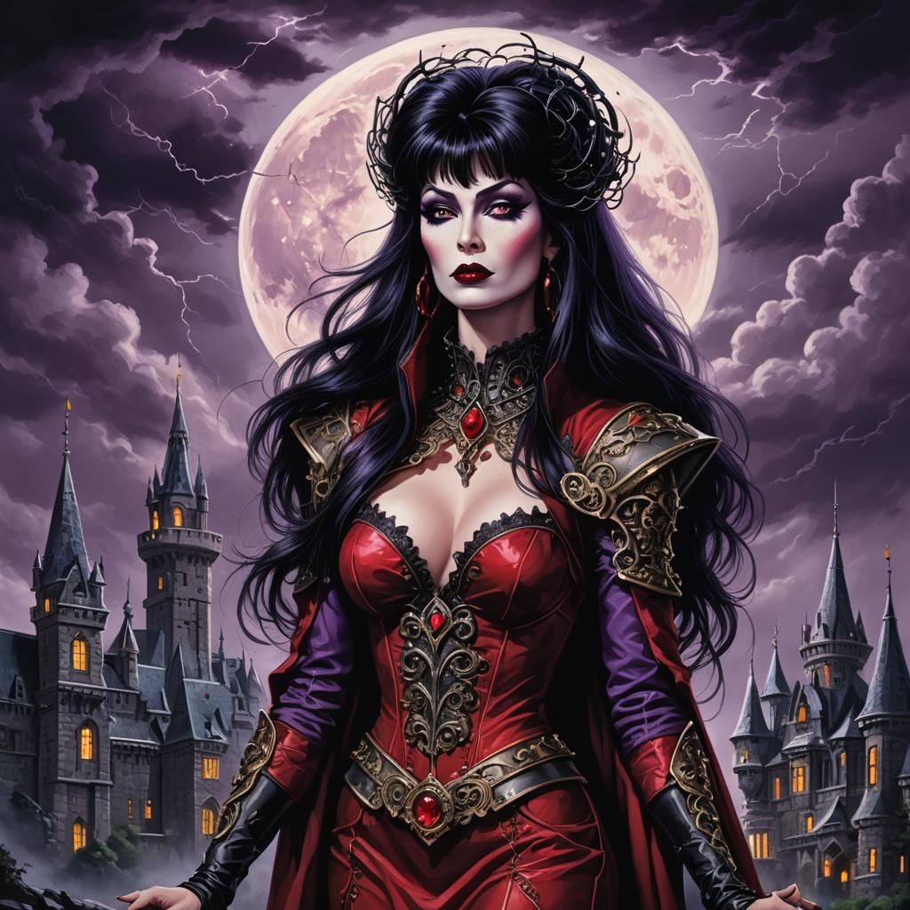 Cyberpunk Elvira in Crimson Baroque Ensemble