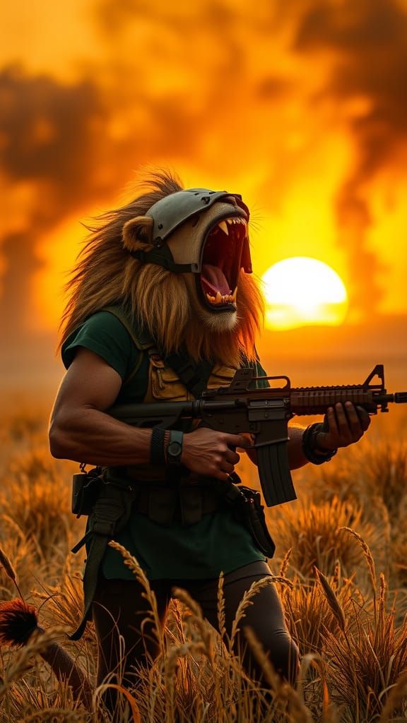 Lion Warrior Roaring in Savanna Sunset