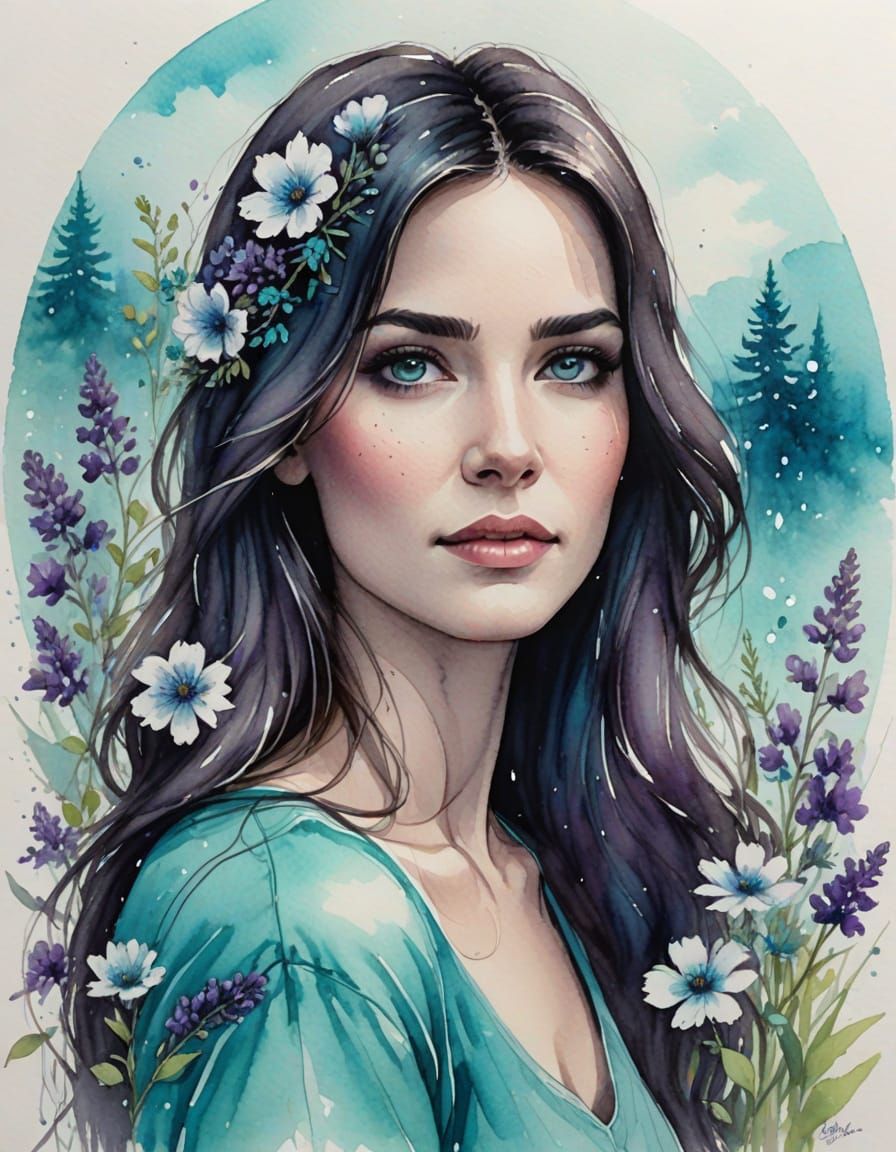 Pretty Woman Sketch with Flowers in Misty Moonlight