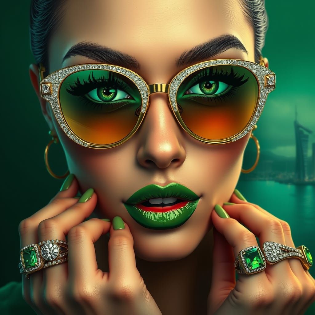 Glamorous Woman with Emerald Eyes and Gold Accents in a City...