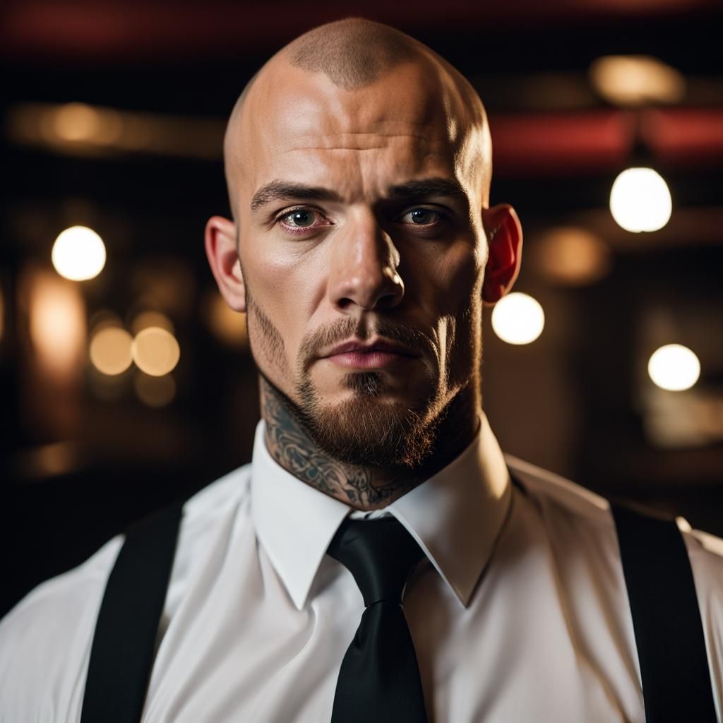 English Gangster Portrait with Scar and Tattoo