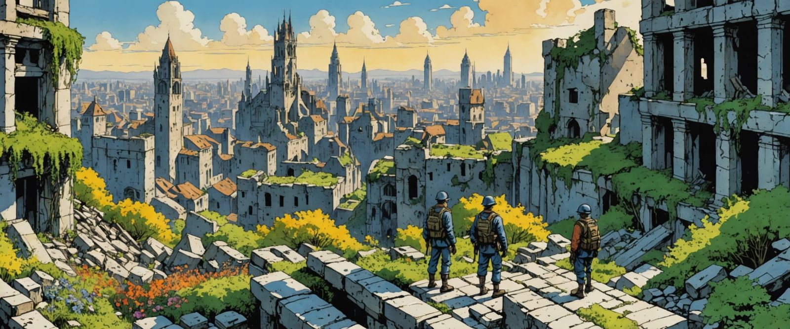 Overlooking Ruins: Watercolor Cityscape in Comic Book Style