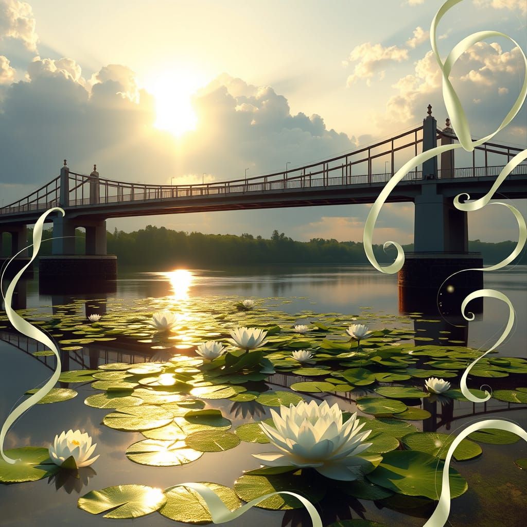 Vincent Thomas Bridge Reflecting Monet's Water Lilies