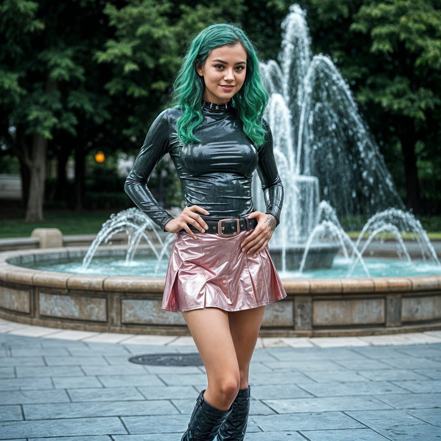Edgy Cyberpunk Goddess Posing Near a Park Fountain