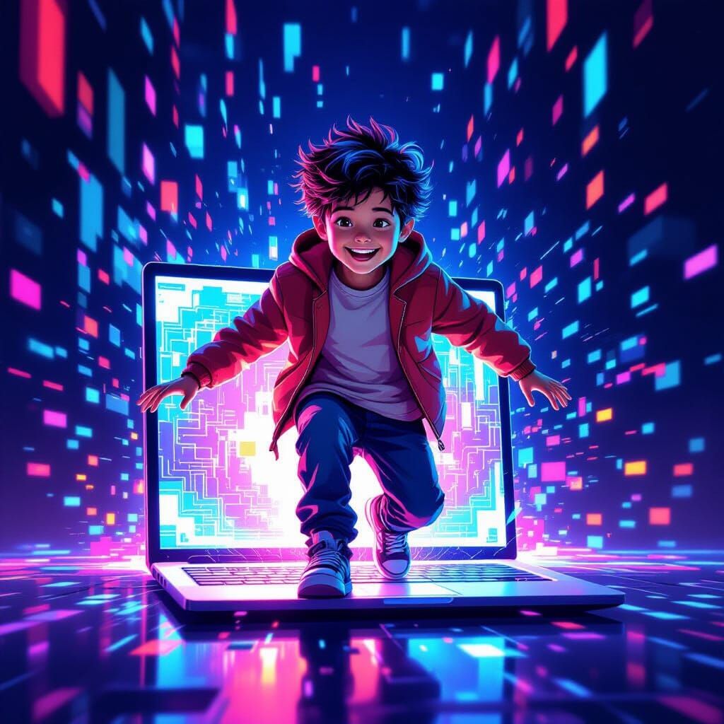 Boy Enters Glowing Laptop Screen in Futuristic Neon Style