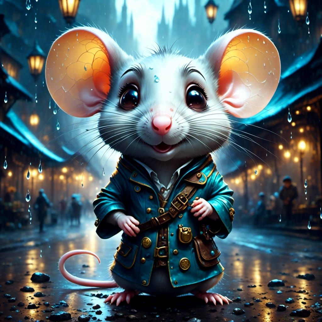 Joyful Rat Portrait in Rainy Fantasy Landscape