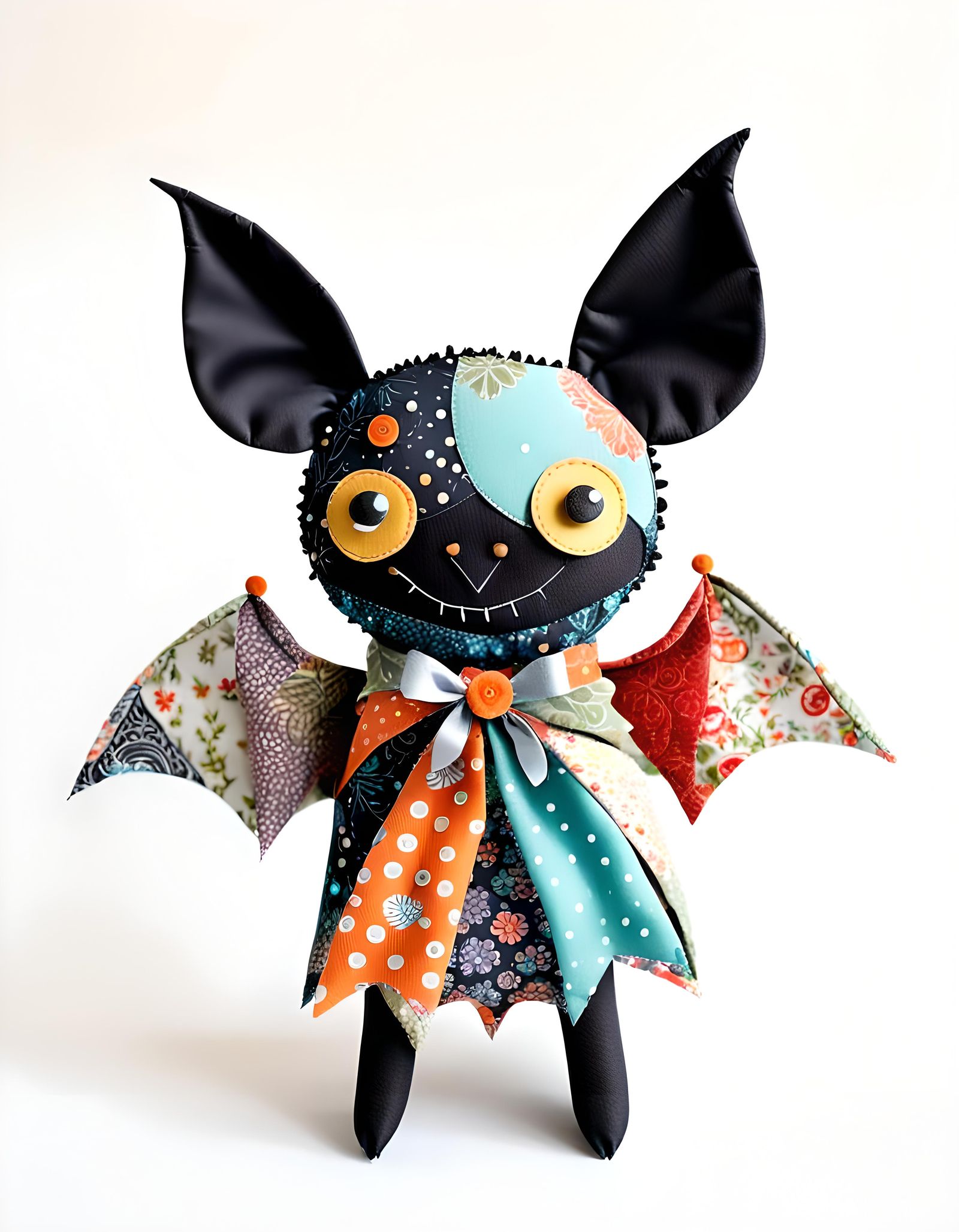 Fabric Scrap Whimsical Bat on White Background