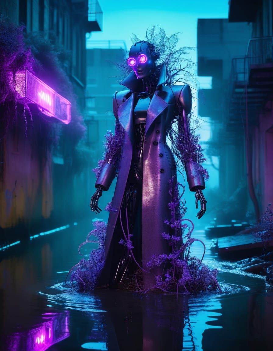 Robot in Bioluminescent Urban Decay: High-Fashion Editorial