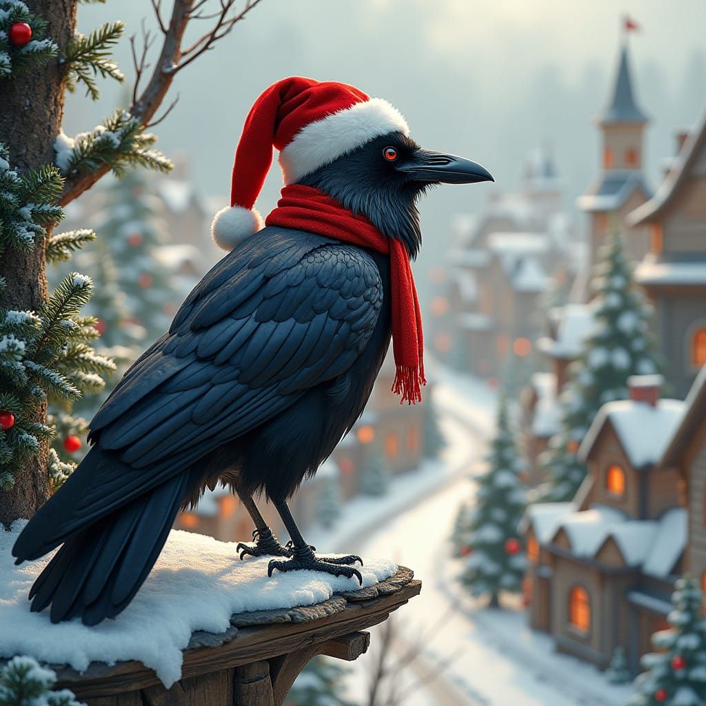 Majestic Raven in Festive Winter Wonderland