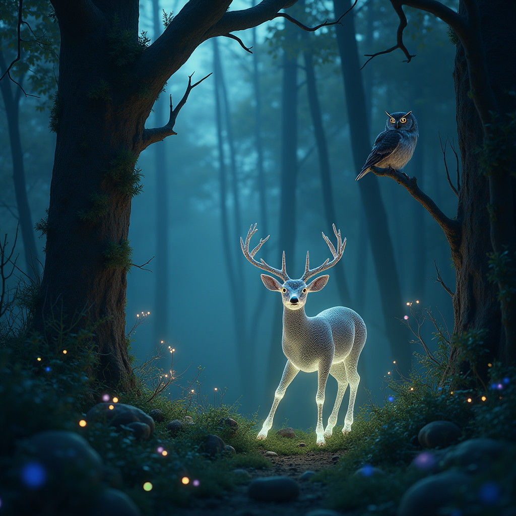 Enchanted Forest Scene with Bioluminescent Light