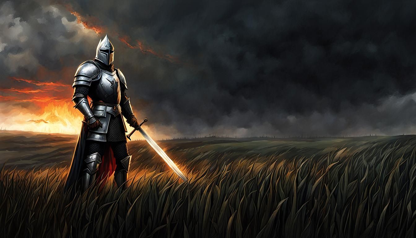 Knight with Flaming Sword in Stormy Field