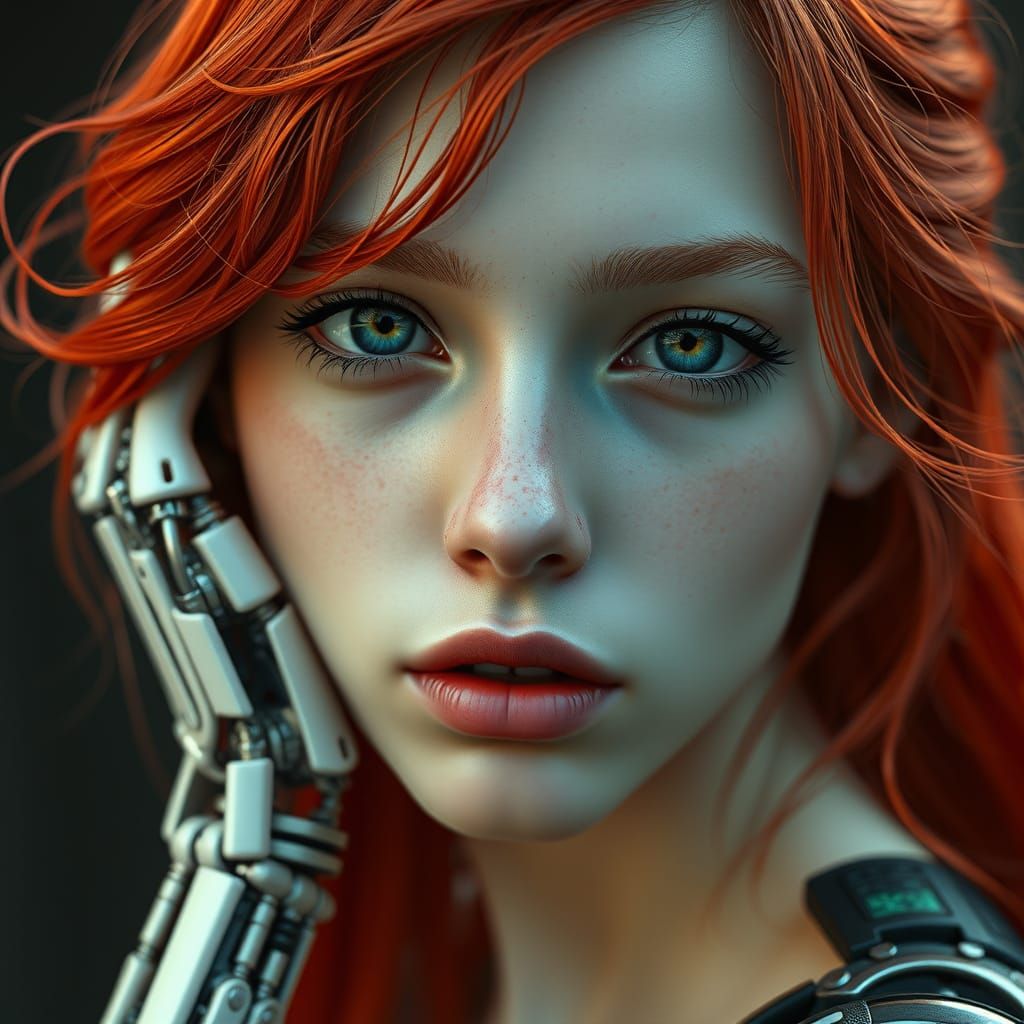Ethereal Cyborg Goddess in Vibrant Red Hair