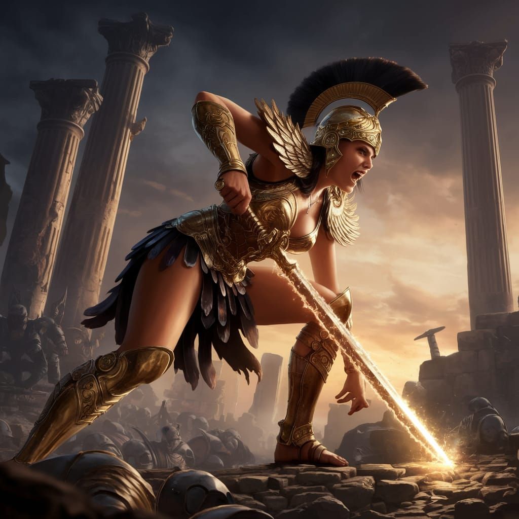 Epic Female Warrior in Ancient Temple Ruins, High Fantasy St...