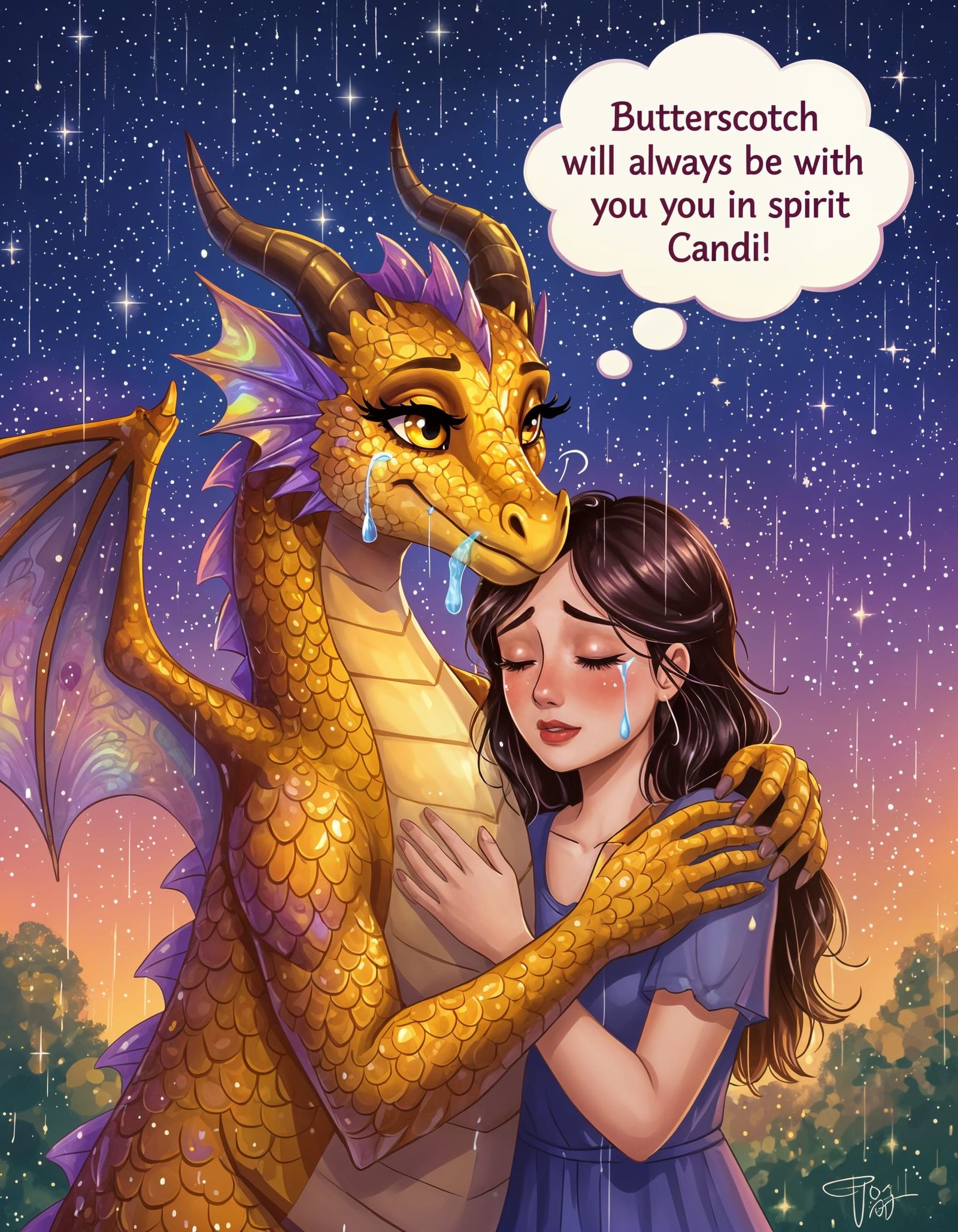 Crying Dragon Comforting Woman Under Starry Sky