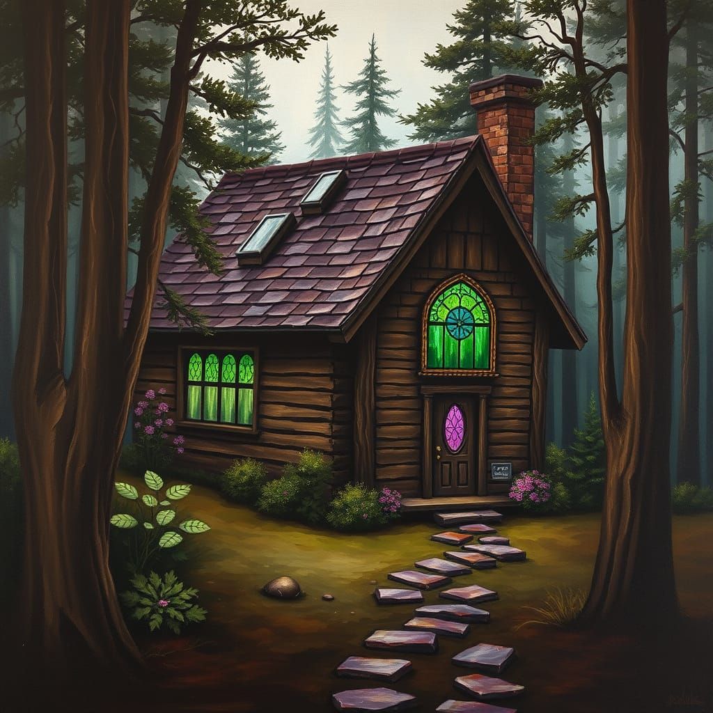 Whimsical Dark Brown Cottage Amidst Mysterious Forest