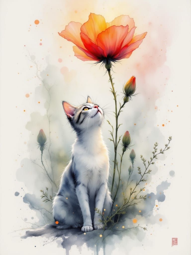 Ethereal Cat Under Flower in Luminous Watercolor Style