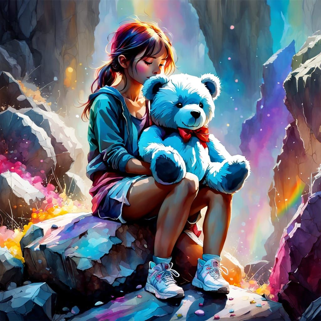 Sad Girl with Teddy Bear in Rainbow Colors