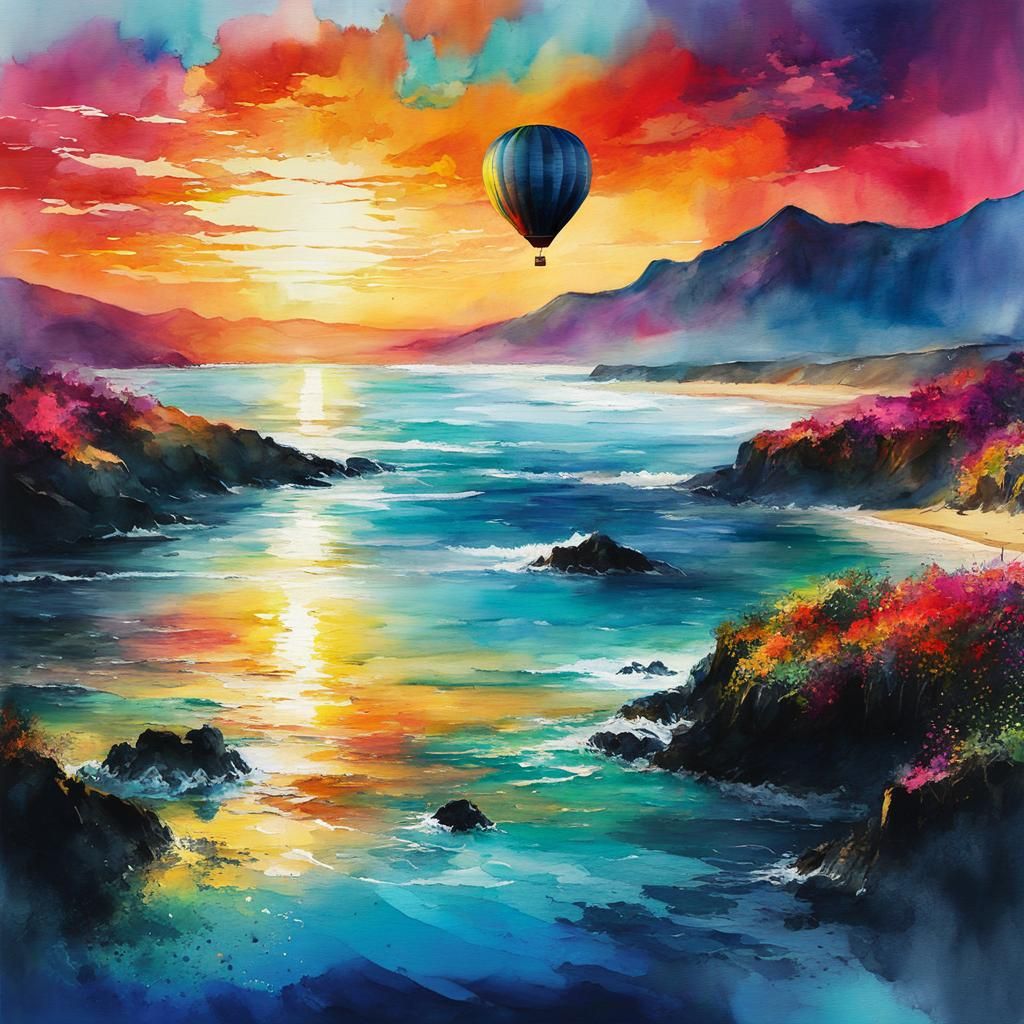Watercolor Hot Air Balloon Seascape Illustration