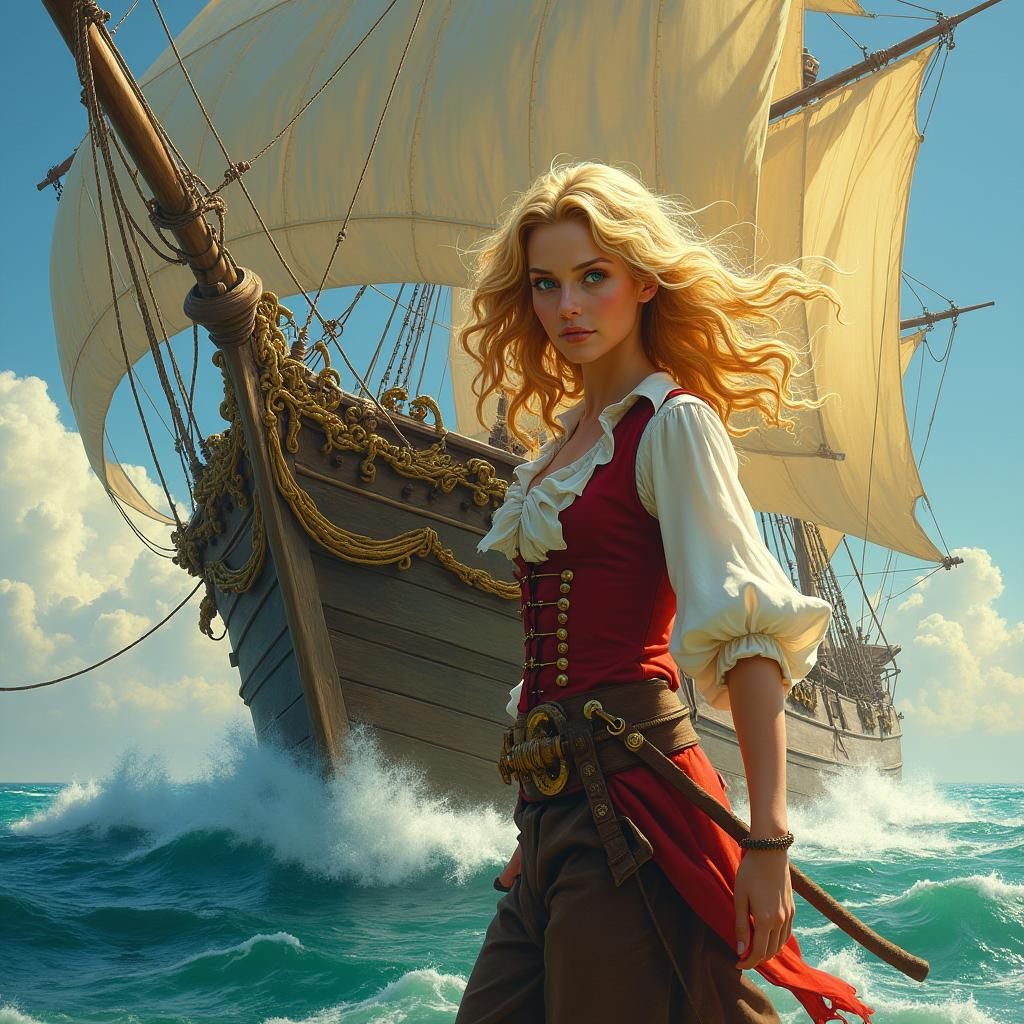 Girl Pirate on Enchanted Ship in Magical Realism Style