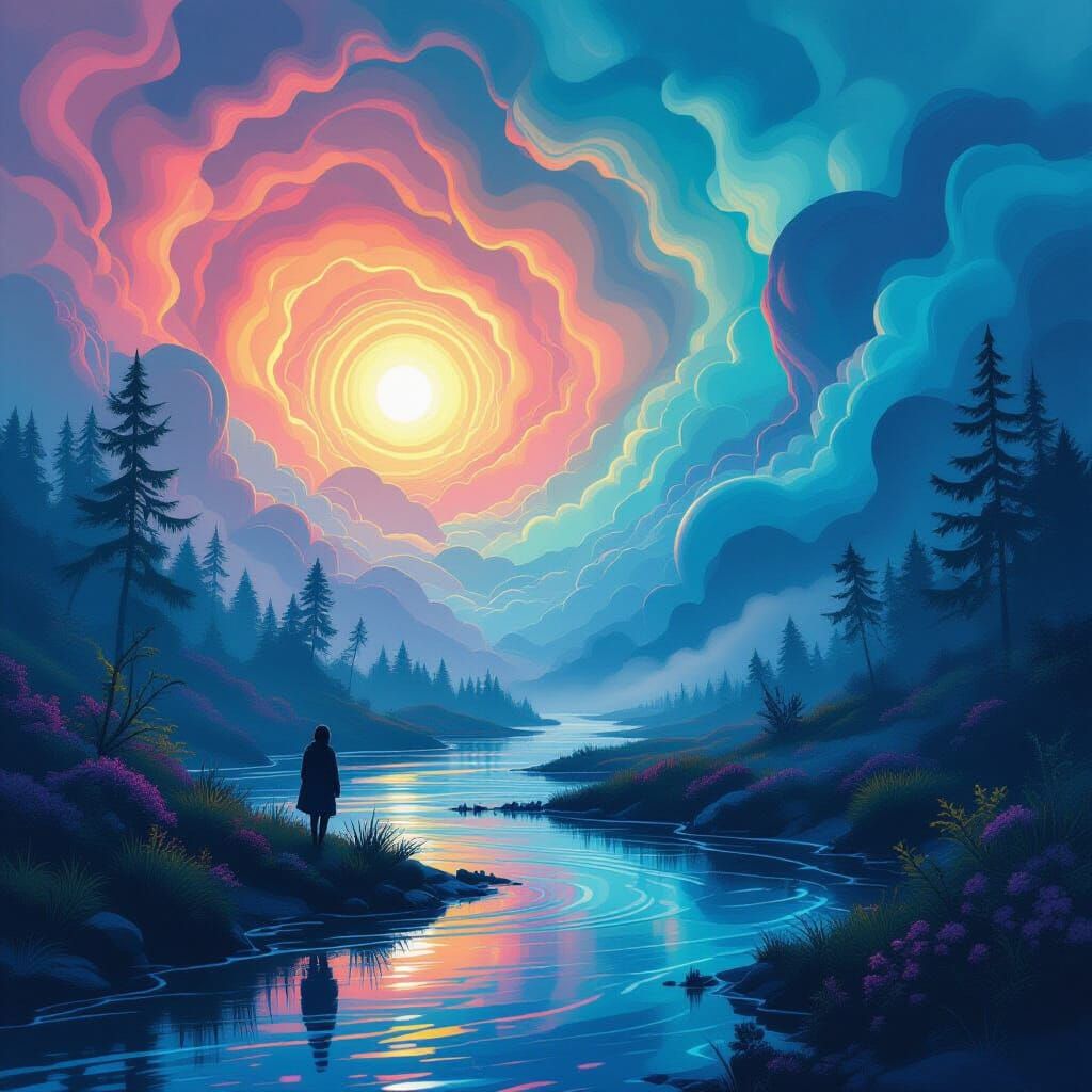Dreamlike Scene with Surreal Colors and Swirling Patterns