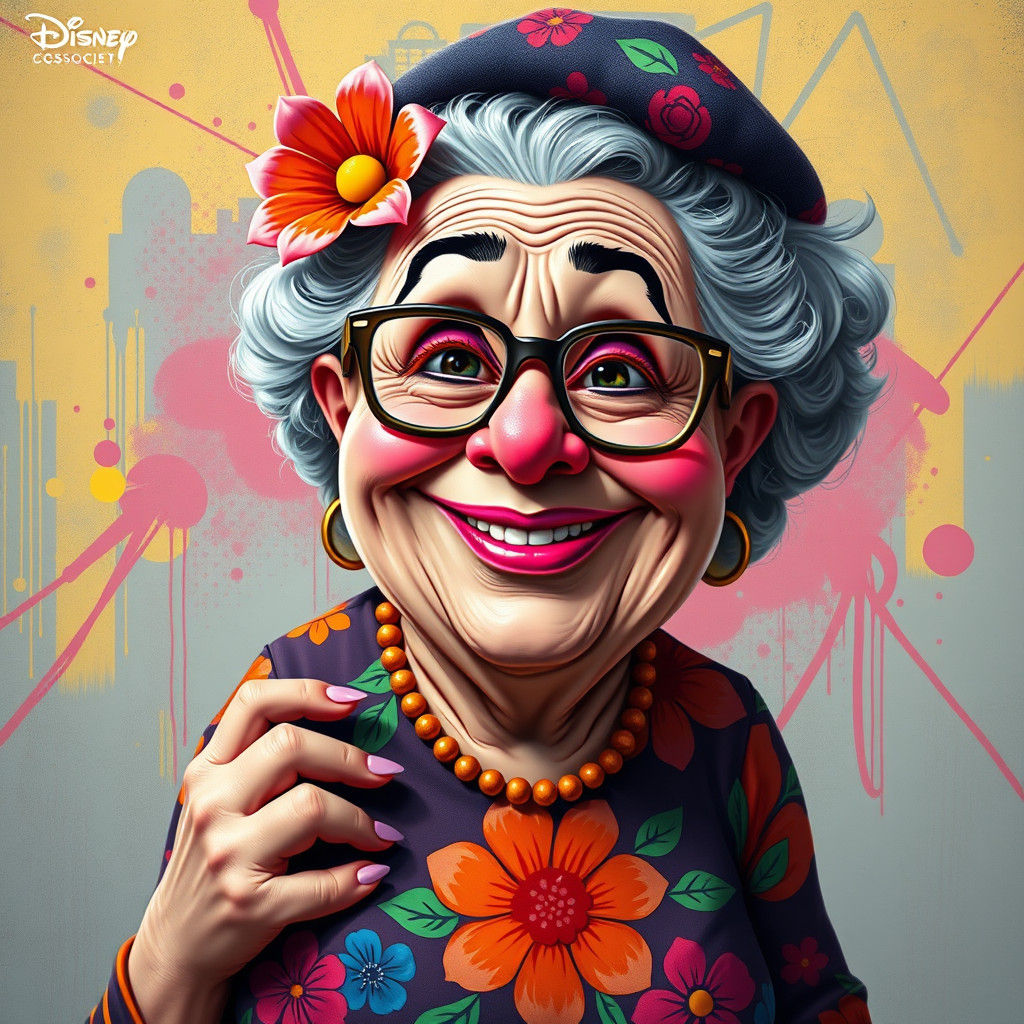 Cartoon Elderly Lady in Graffiti Art Style