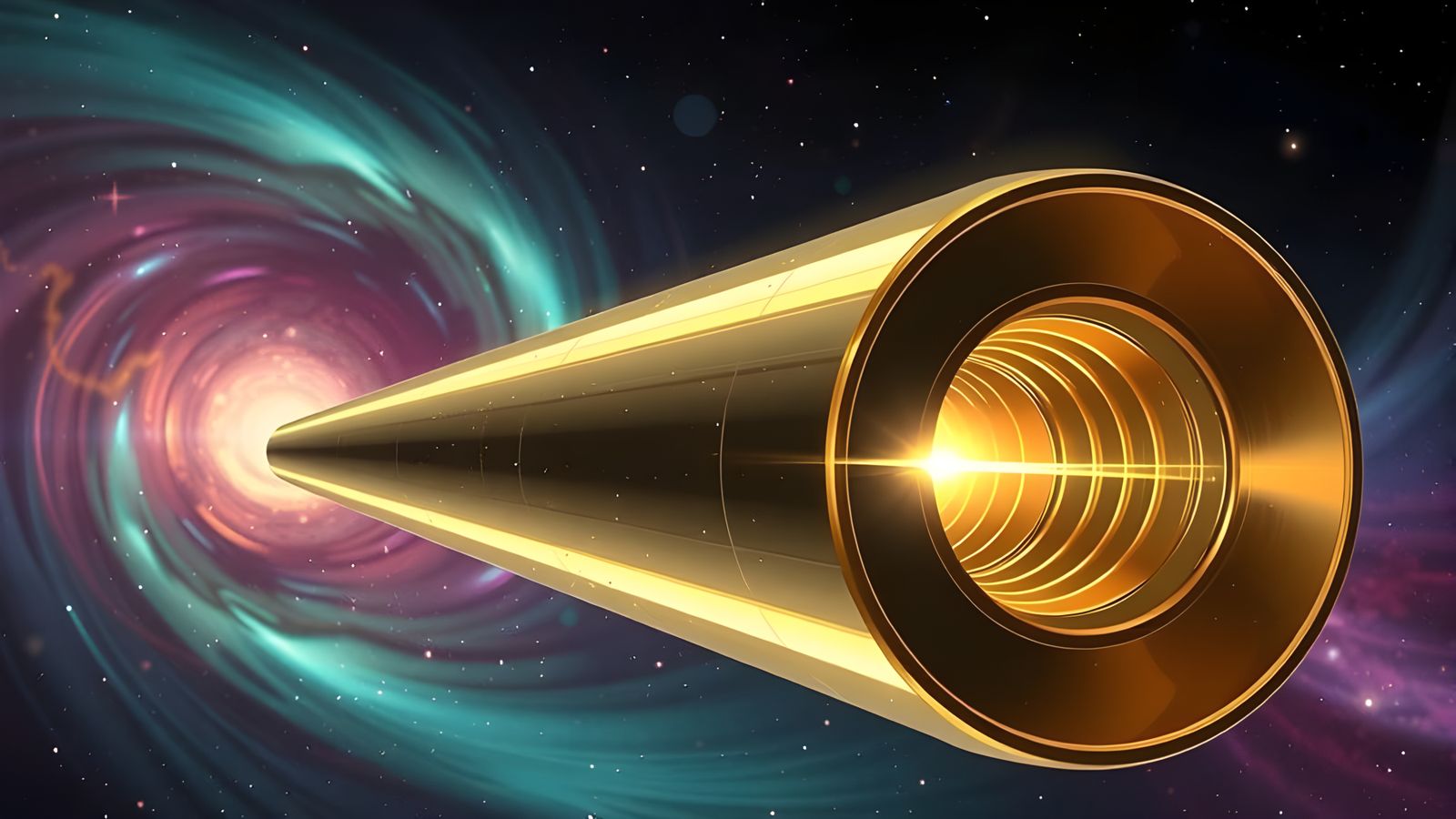 Luxurious Copper-Gold Cylinder Blurs Past Cosmic Vortex