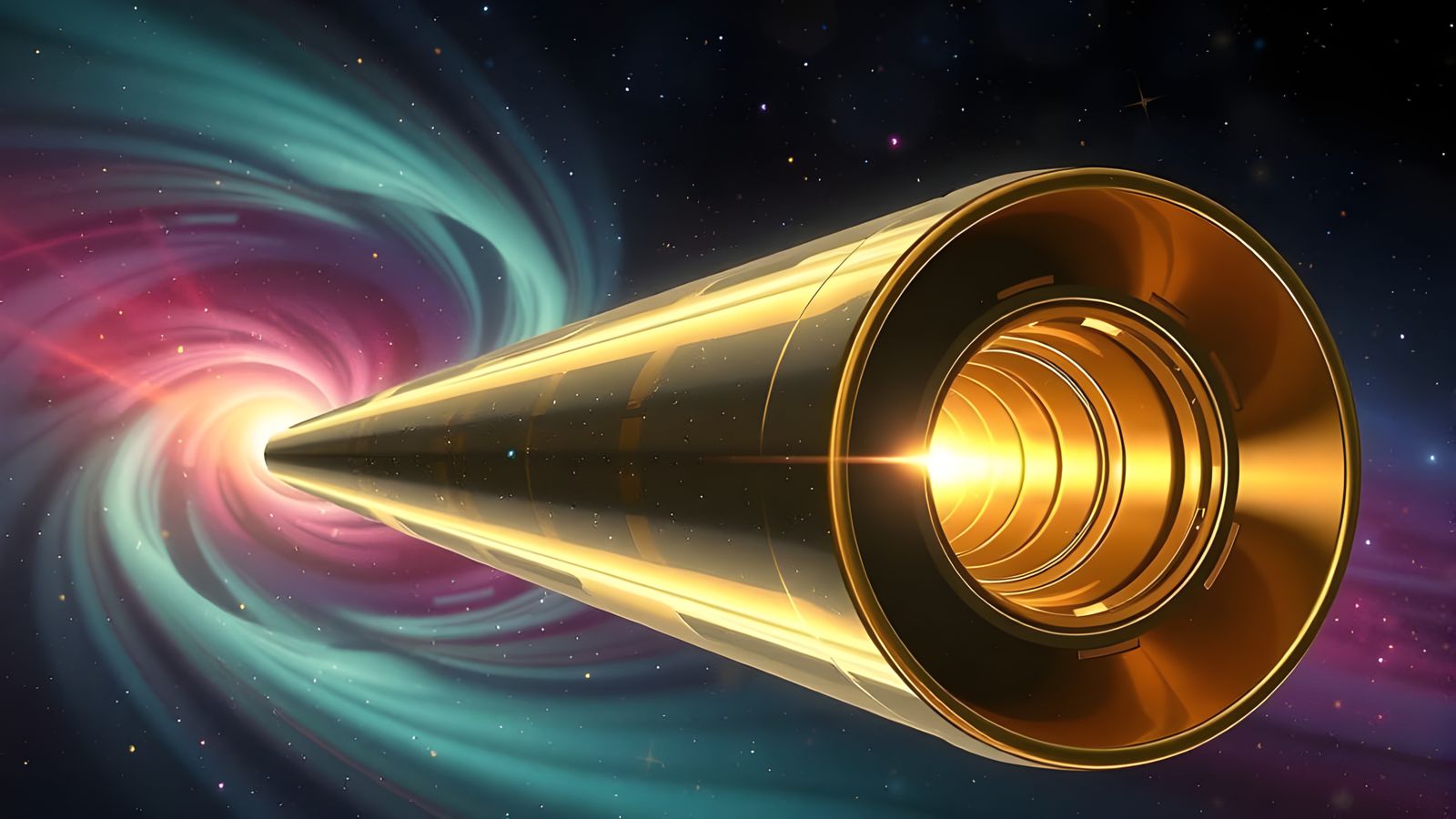 Cyberpunk Metallic Cylinder Speeds Through Cosmic Vortex