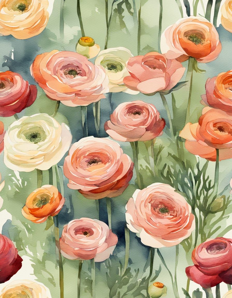 Vibrant Ranunculus Blooms in Soft Watercolor