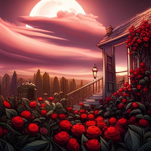Gothic Cartoon in Crimson Rose Garden Under Moon