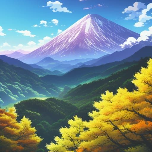 Anime Mountain Forest Sky in Digital Art Style