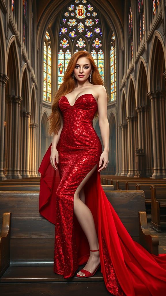 Red Gown in Gothic Cathedral: Hyperrealistic Digital Art