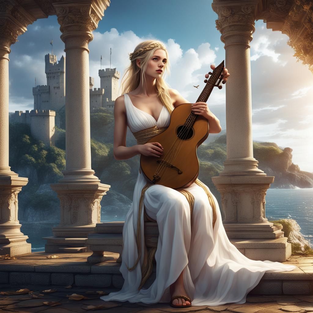 Regal Blond Woman with Lute Before Seaside Castle