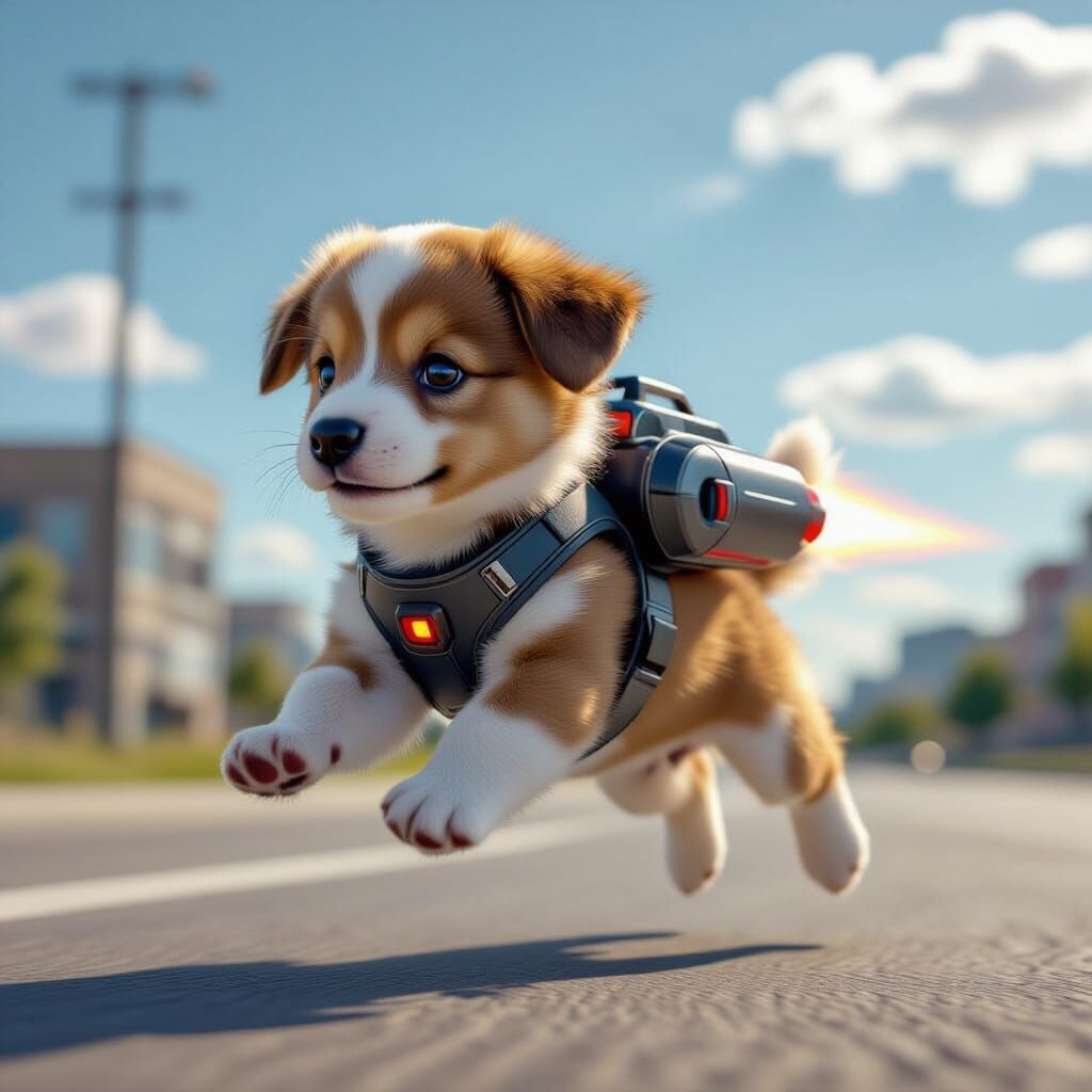 Cute Puppy Flies With Jetpack in Futuristic Afternoon