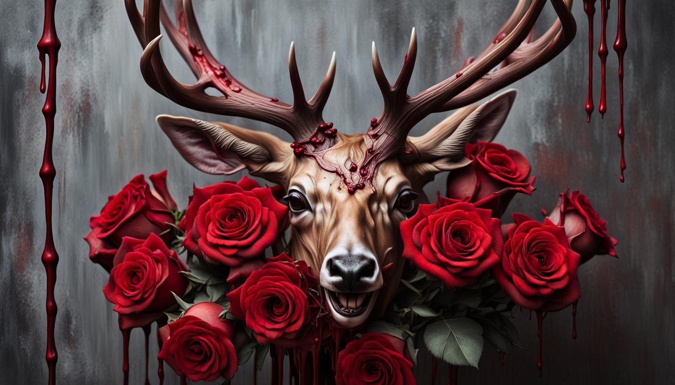 Gothic Still Life: Deer Head and Roses