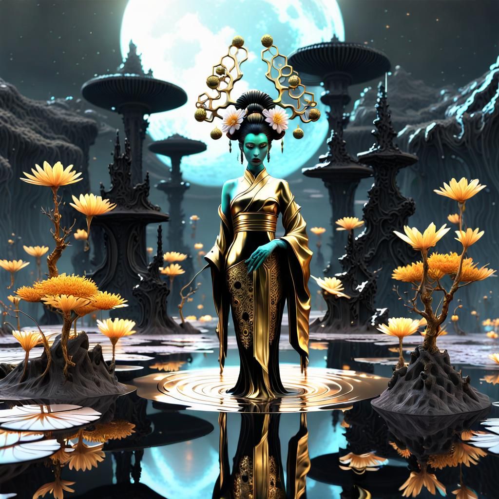 Dark sci-fi flowery swamp scene, alien planet, geyser, tattooed geisha, gold filigree, a liquid mercury 5d melting statu...