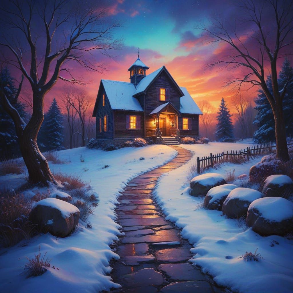 Cozy Winter Wonderland Schoolhouse Scene in Vibrant Colors
