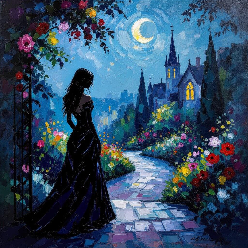 Gothic Rose Garden Silhouette at Night