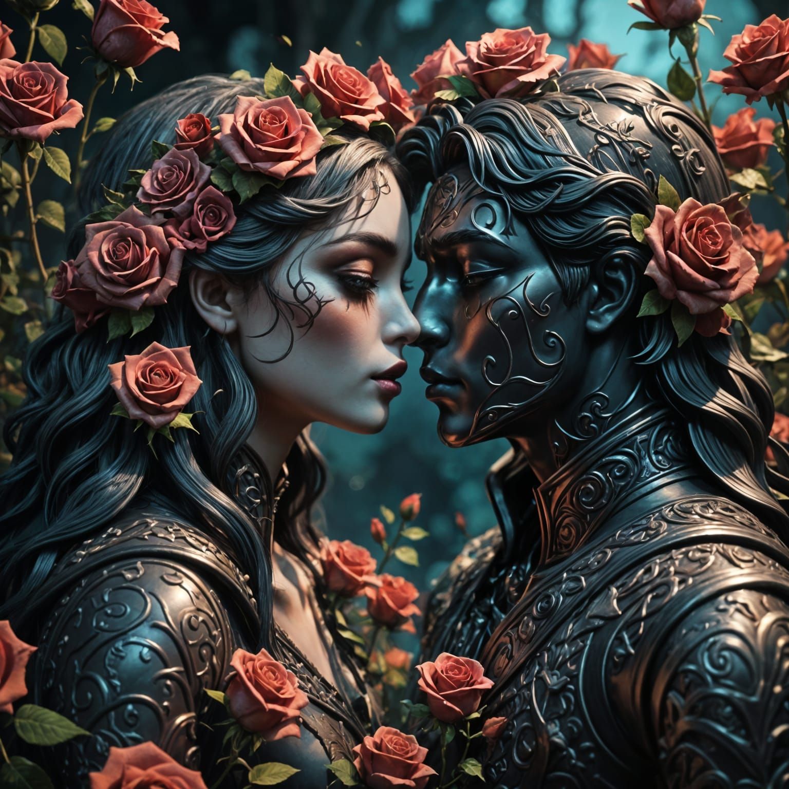 Mysterious Dreamcore Kiss in Vibrant Complementary Hues