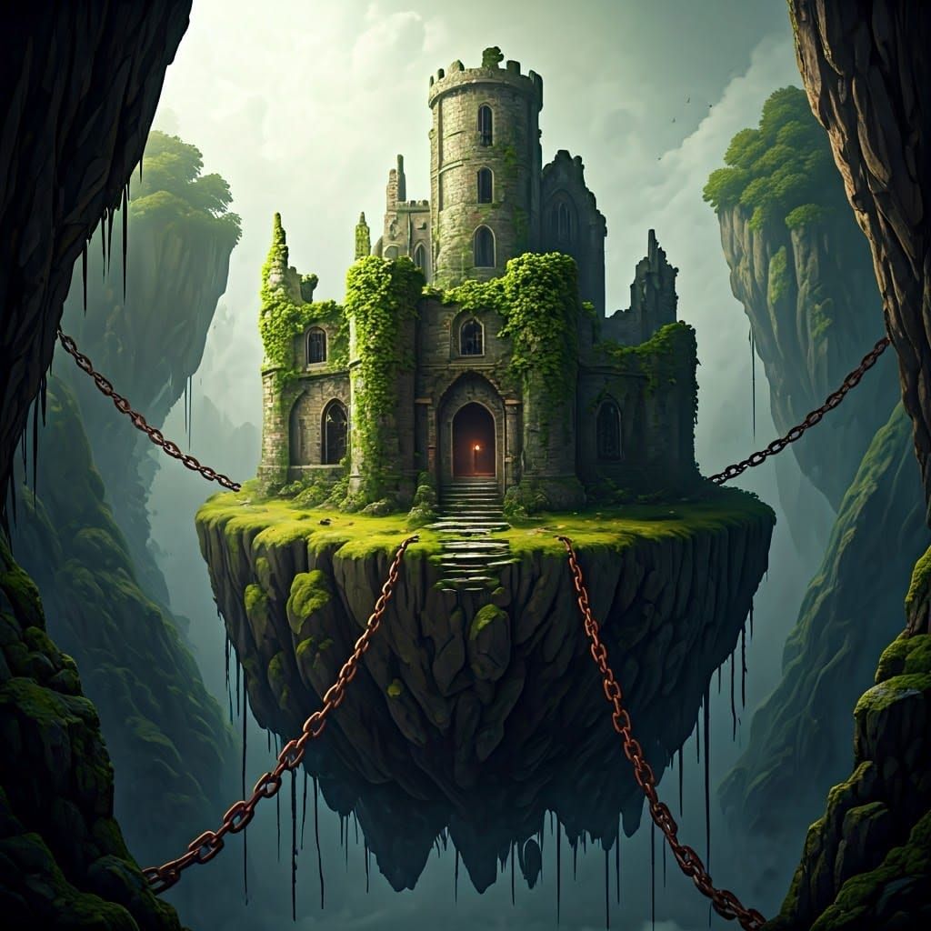 Mystical Floating Island with Crumbling Castle