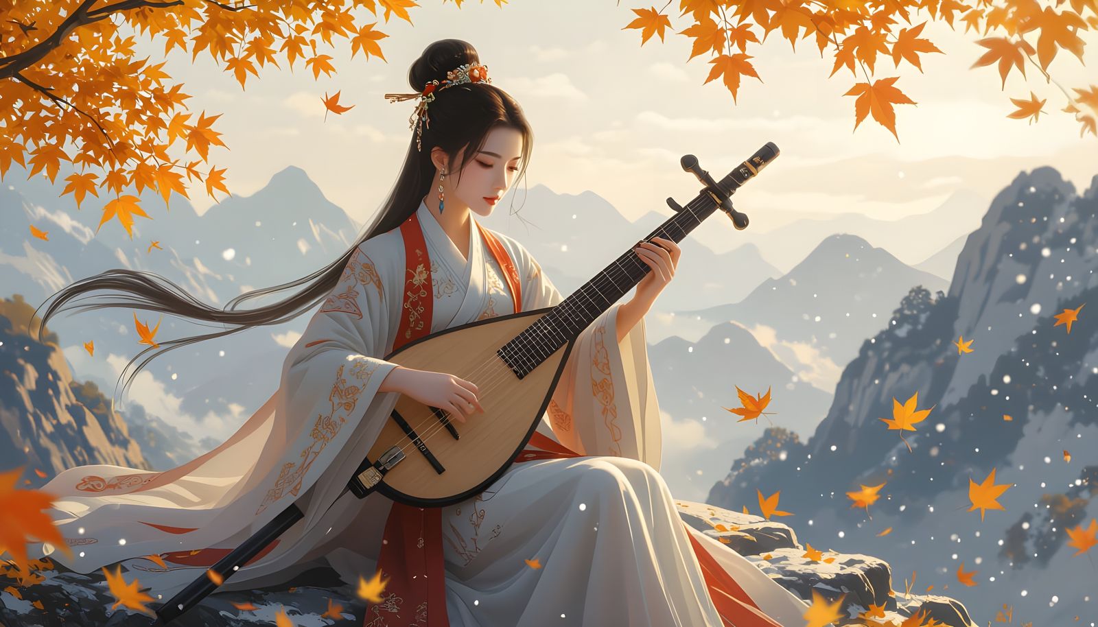 Hanfu Woman Plays Guqin on Mountain Peak